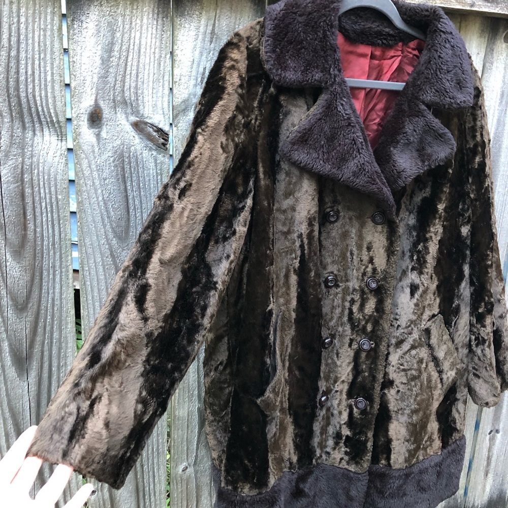 Vintage Fur Coat Double Breasted Mid Length Size XL Brown Black - Picture 5 of 16